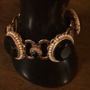 Vintage Jet Black Art Glass Rhinestone and Faux Pearl Bracelet